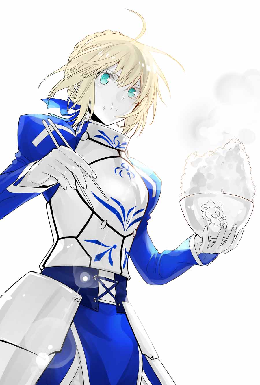 1girl, ahoge, armor, armored_dress, artoria_pendragon_(all), blonde_hair, bowl, breastplate