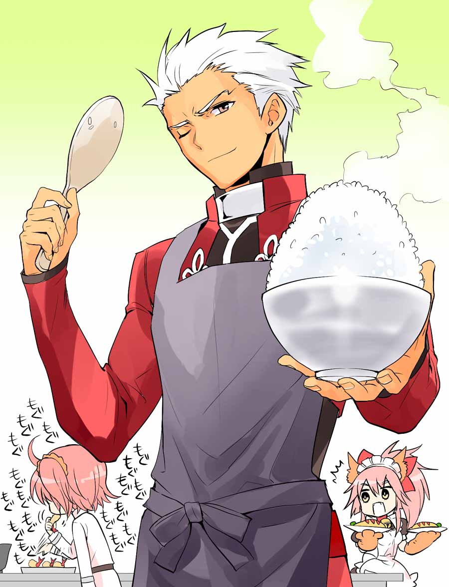 1boy, ahoge, animal_ears, apron, archer, bell, bell_collar, bow