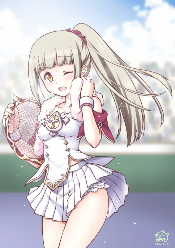 1girl, alternate_hairstyle, bangs, bare_shoulders, blunt_bangs, blurry, blurry_background, blush, bracelet, collarbone, dated, day, drying, eyebrows_visible_through_hair, gradient_eyes, green_hair, hair_ornament, hair_scrunchie, jewelry, mori_marimo, multicolored, multicolored_eyes, one_eye_closed, open_mouth, orange_eyes, outdoors, pleated_skirt, ponytail, racket, rouche_(shironeko_project), scrunchie, shironeko_project, skirt, skirt_flip, smile, sportswear, standing, sweatdrop, tennis_racket, tennis_uniform, towel, towel_around_neck, white_skirt, yellow_eyes