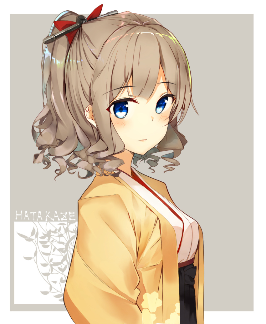 1girl, black_hakama, blue_eyes, brown_hair, character_name, drill_hair, grey_background, hakama