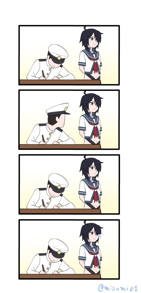 1boy, 1girl, admiral_(kantai_collection), ahoge, black_hair, blue_eyes, blush, commentary