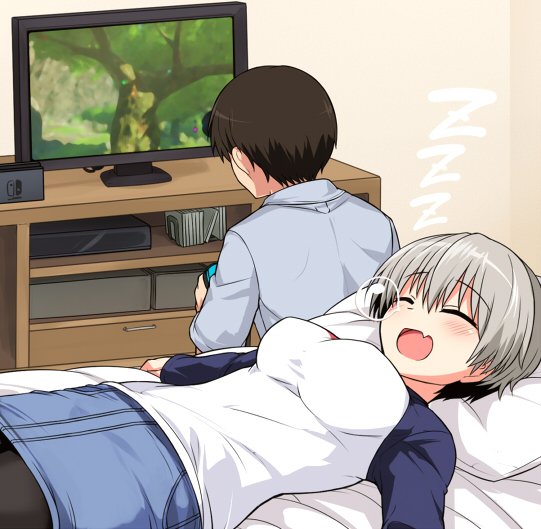 1boy, 1girl, bed, black_hair, black_legwear, blush, denim, denim_skirt