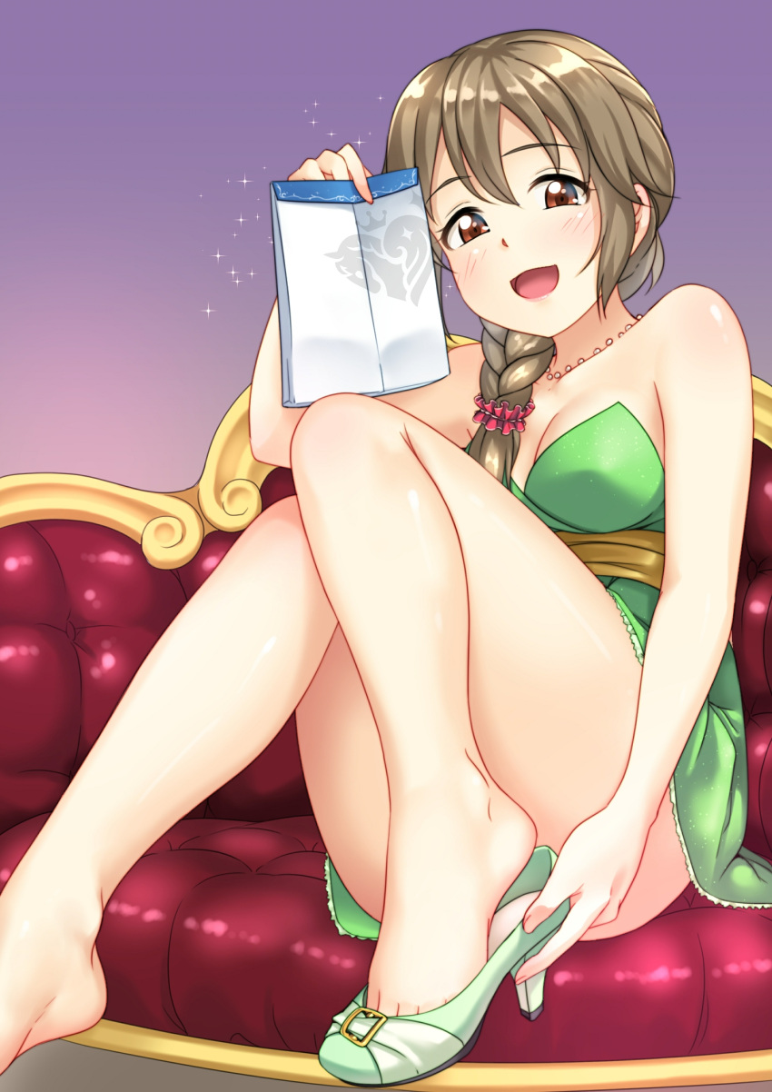 1girl, bare_shoulders, blush, braid, breasts, brown_eyes, brown_hair, cleavage