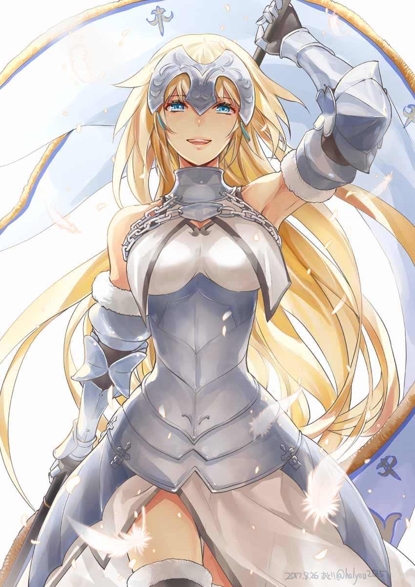 1girl, armor, armored_dress, blonde_hair, blue_eyes, chains, fate/grand_order, fate_(series), faulds, feathers, flag, fur_trim, gauntlets, halyou, headpiece, highres, holding, long_hair, looking_at_viewer, plackart, ruler_(fate/apocrypha), smile, solo, thigh-highs