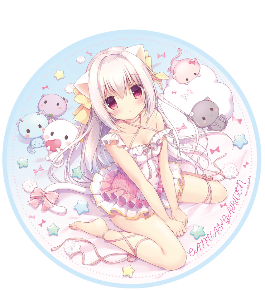1girl, :o, animal, animal_ears, artist_name, bare_arms, bare_legs, between_legs, blush, bow, breasts, cat, cat_ears, cat_tail, cleavage, clouds, clover, collarbone, commentary_request, coron_(canvas+garden), criss-cross_halter, eyebrows_visible_through_hair, four-leaf_clover, frilled_shirt, frills, from_above, hair_between_eyes, hair_bow, hair_intakes, halter_top, halterneck, hand_between_legs, heart, highres, leg_ribbon, long_hair, looking_at_viewer, looking_up, medium_breasts, miniskirt, miyasaka_nako, original, parted_lips, pink_ribbon, pink_shirt, pleated_skirt, ribbon, seashell, shell, shirt, silver_hair, sitting, skirt, solo, spread_legs, star, strap_slip, tail, very_long_hair, wariza, white_skirt, yellow_bow