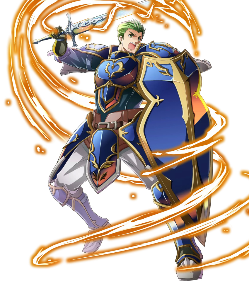 1boy, armor, armored_boots, boots, draug_(fire_emblem), electricity, fire_emblem, fire_emblem:_mystery_of_the_emblem, fire_emblem_heroes, full_body, gloves, green_eyes, green_hair, highres, itagaki_hako, male_focus, official_art, open_mouth, shield, solo, sword, teeth, transparent_background, weapon