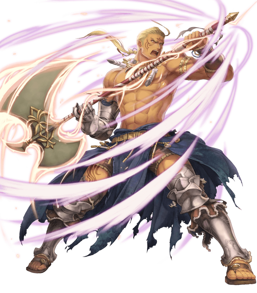 1boy, abs, ahoge, axe, blonde_hair, bracelet, dark_skin, facial_mark, facial_tattoo, feathers, fire_emblem, fire_emblem:_rekka_no_ken, fire_emblem_heroes, full_body, gloves, haccan, hawkeye_(fire_emblem), highres, holding_axe, huge_weapon, jewelry, long_hair, low_ponytail, male_focus, manly, markings, muscle, necklace, official_art, open_mouth, orange_eyes, pectorals, ponytail, sandals, serious, shirtless, solo, tattoo, teeth, toeless_legwear, toes, transparent_background, weapon