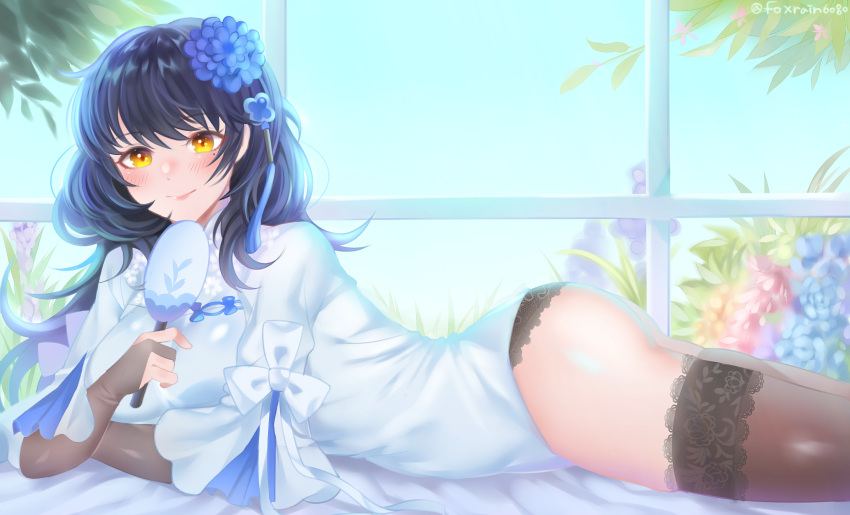1girl, black_hair, blush, bow, bridal_gauntlets, brown_legwear, flower, girls_frontline