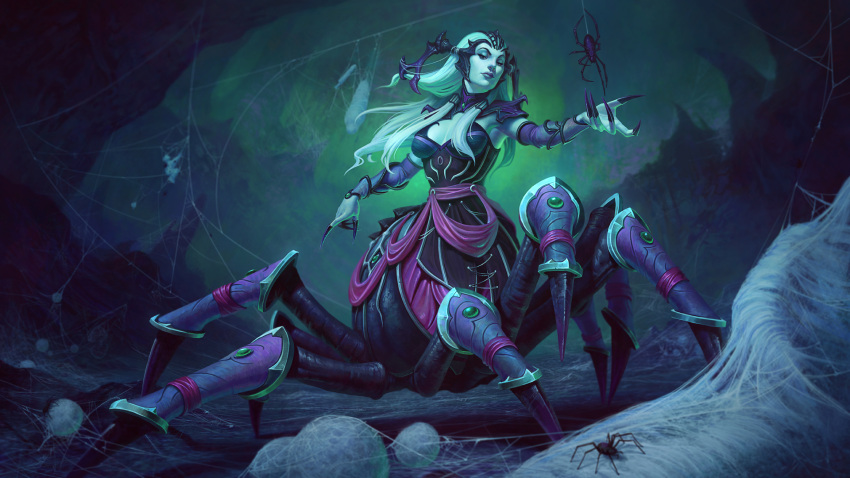 1girl, aqua_hair, aqua_skin, arachne_(smite), center_opening, claws, full_body, highres, insect_girl, long_hair, monster_girl, official_art, silk, smite, solo, spider, spider_girl, spider_legs, spider_web