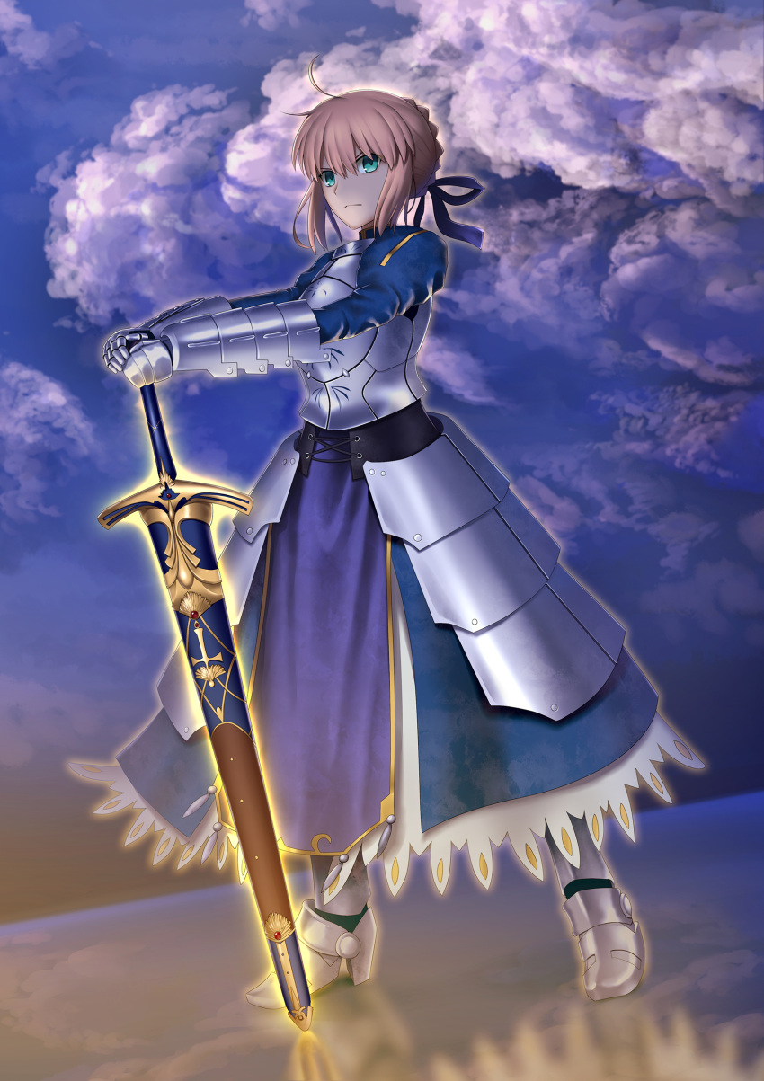 1girl, absurdres, ahoge, armor, armored_dress, artoria_pendragon_(all), blonde_hair, blue_dress