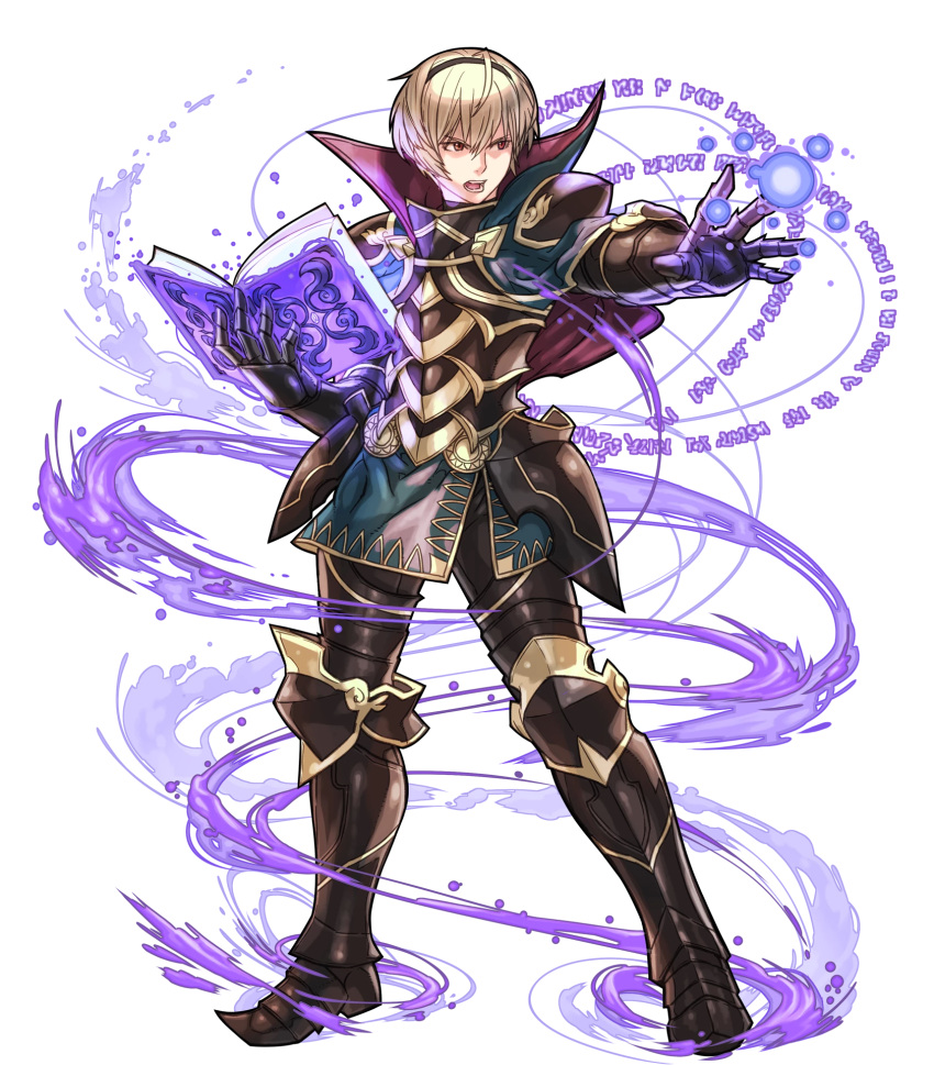 1boy, armor, armored_boots, blonde_hair, book, boots, cape, fire_emblem