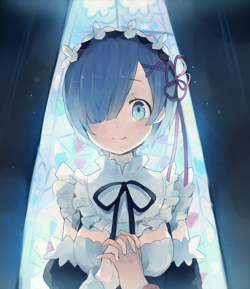 1girl, black_ribbon, blue_eyes, blue_hair, blush, choker, detached_sleeves, hair_over_one_eye