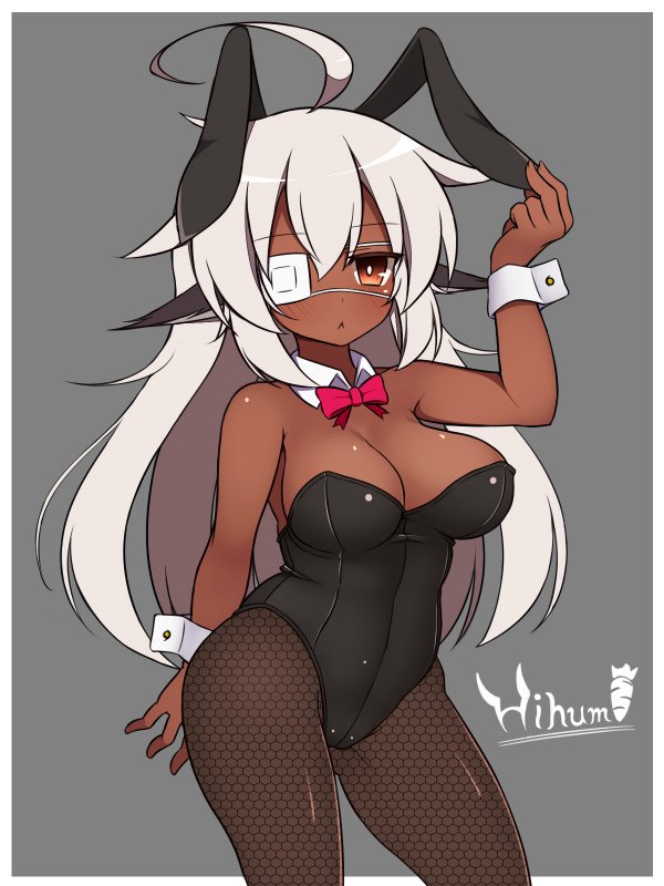 1girl, ahoge, animal_ears, breasts, bunnysuit, character_name, dark_skin, detached_collar