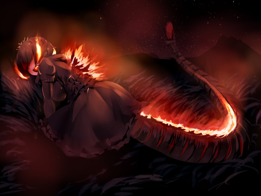1girl, all_fours, bioluminescence, black_hair, bodystocking, bonkiru, breathing_fire, commentary_request