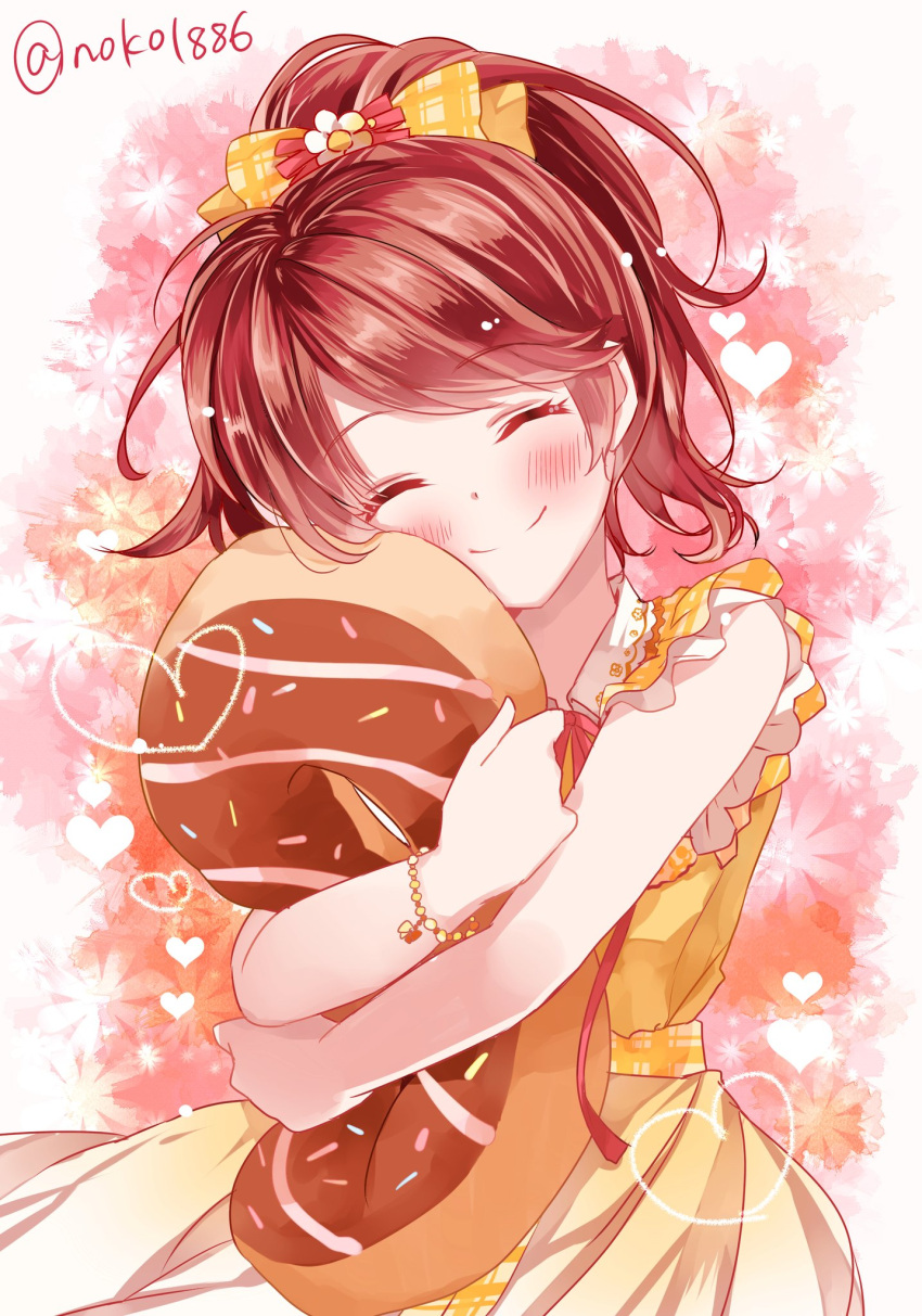 1girl, blush, brown_hair, commentary_request, heart, highres, hug, idolmaster