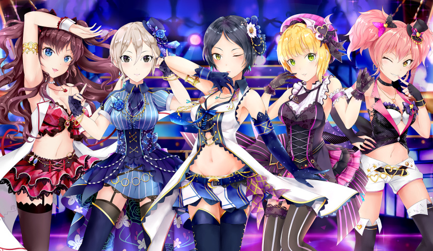 5girls, ;), arm_strap, arm_up, armlet, asymmetrical_gloves, black_eyes, black_gloves, black_hair, black_hat, black_legwear, blonde_hair, blue_dress, blue_eyes, blue_gloves, bow, bra, breasts, bridal_gauntlets, brown_eyes, brown_hair, choker, cleavage, collarbone, dress, elbow_gloves, finger_to_mouth, fingerless_gloves, floating_hair, garter_straps, garters, gloves, green_eyes, groin, hair_between_eyes, hair_bow, hair_ornament, hand_on_hip, hat, hayami_kanade, heart_hair_ornament, ichinose_shiki, idol, idolmaster, idolmaster_cinderella_girls, ikasoke_(likerm6au), index_finger_raised, jewelry, jougasaki_mika, layered_skirt, lipps_(idolmaster), long_hair, medium_breasts, midriff, mini_hat, miniskirt, miyamoto_frederica, multiple_girls, nail_polish, navl, necklace, one_eye_closed, parted_lips, pink_hair, pink_nails, pleated_skirt, red_skirt, shiomi_shuuko, short_dress, short_hair, short_shorts, short_sleeves, shorts, sideboob, silver_hair, skirt, sleeveless, smile, standing, stomach, striped, striped_legwear, thigh-highs, twintails, underwear, vertical-striped_dress, vertical-striped_legwear, vertical_stripes, very_long_hair, white_bra, white_shorts, wrist_cuffs, yellow_eyes
