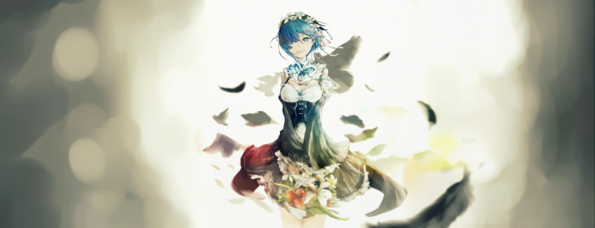 1girl, :d, abcd1234ken, apron, black_skirt, blue_eyes, blue_hair, breasts