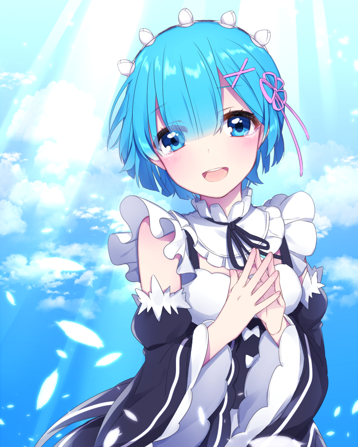 1girl, :d, black_ribbon, blue_eyes, blue_hair, blush, choker, day
