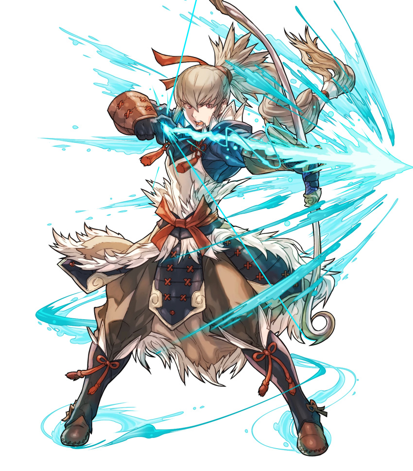 1boy, boots, bow_(weapon), fire_emblem, fire_emblem_heroes, fire_emblem_if, full_body, fur_trim, fuujin_yumi, gloves, grey_hair, highres, hino_shinnosuke, holding, holding_weapon, long_hair, male_focus, official_art, open_mouth, orange_eyes, ponytail, solo, takumi_(fire_emblem_if), teeth, transparent_background, weapon