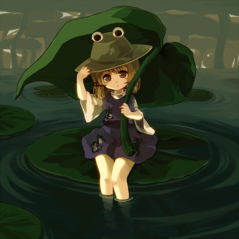 brown_eyes, chaba_(hortensia), eyes, feet_in_water, frog, hand_on_hat, hat, leaf_umbrella