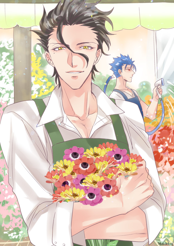 2boys, ahoge, apron, black_hair, blue_hair, bouquet, casual, fate/hollow_ataraxia