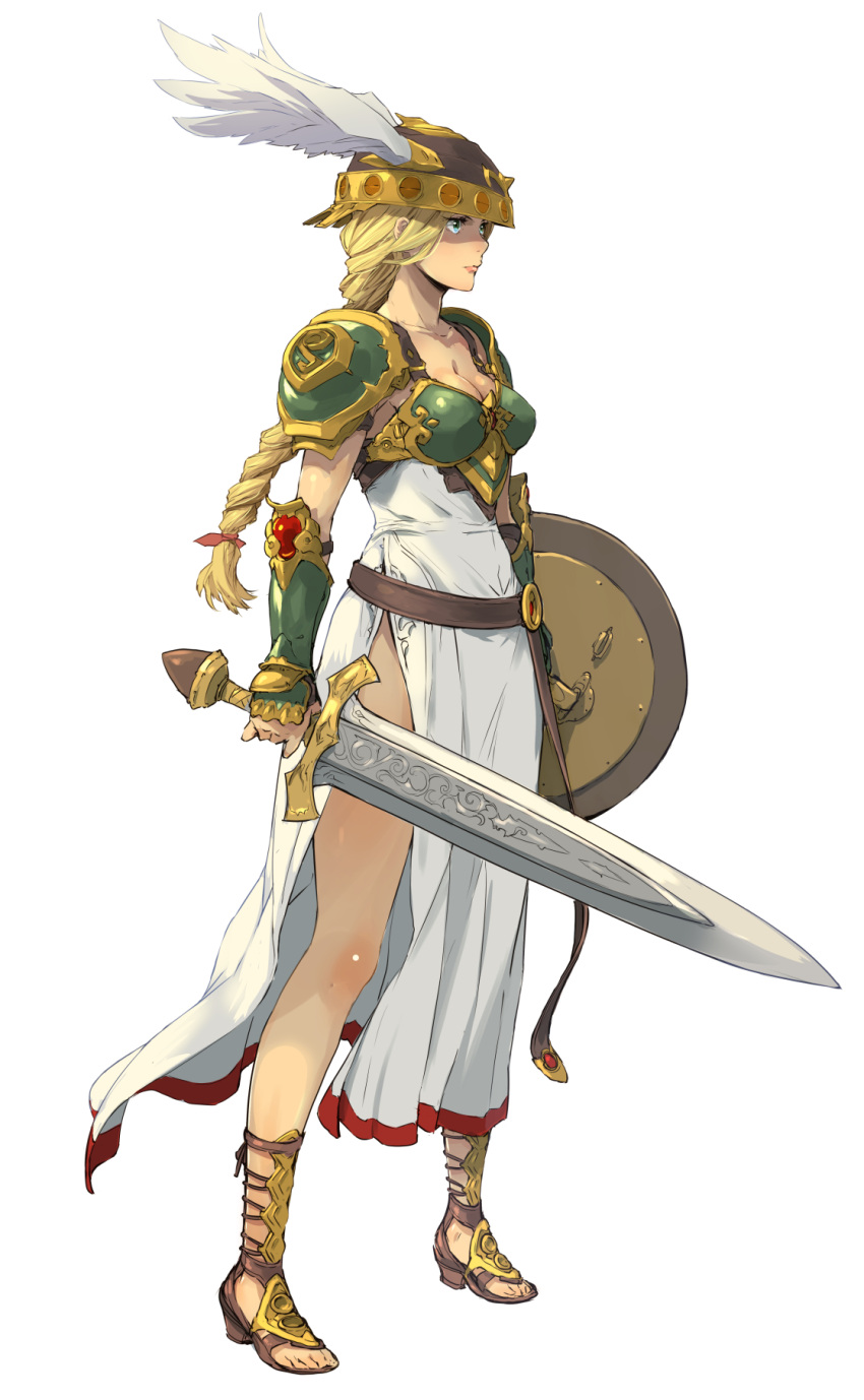 1girl, armor, armored_dress, belt, blonde_hair, blue_eyes, boobplate, braid