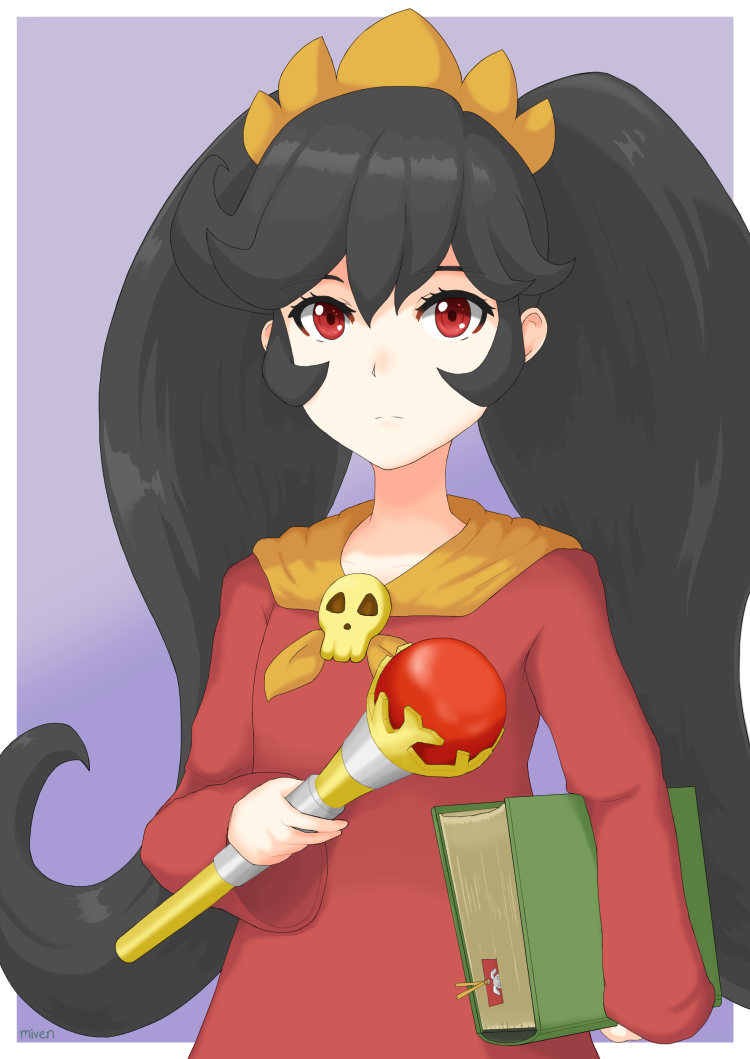 1girl, ashley_(warioware), bangs, big_hair, black_hair, book, bookmark, closed_mouth, collarbone, commentary, dress, expressionless, flat_chest, hairband, holding, holding_book, holding_staff, long_hair, long_sleeves, looking_at_viewer, miven, neckerchief, orange_hairband, orange_neckerchief, purple_background, red_dress, red_eyes, simple_background, skull, solo, staff, twintails, upper_body, warioware, white_border