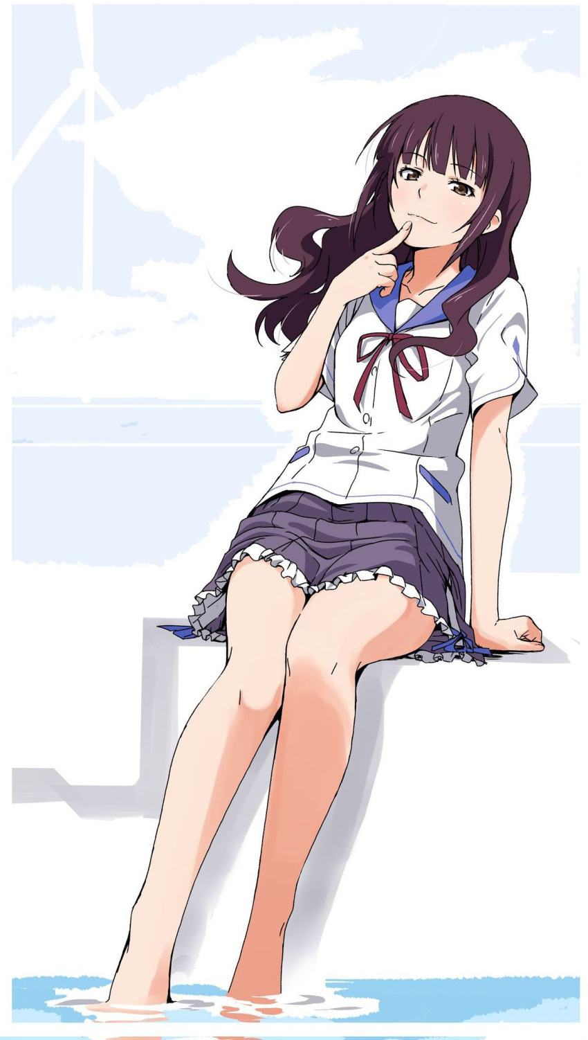 1girl, arm_support, bangs, barefoot, black_hair, black_skirt, blouse, brown_eyes