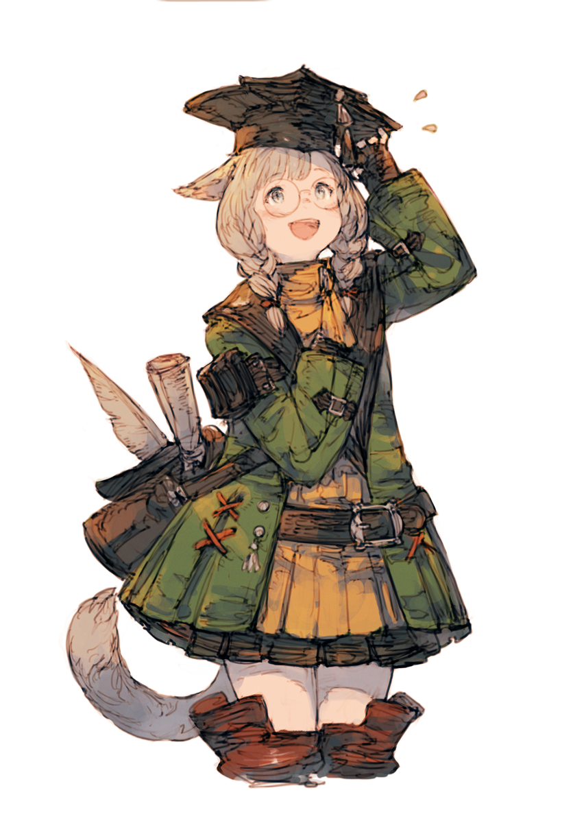 /\/\/\, :d, animal_ears, ascot, bag, belt, black_gloves, black_skirt, braid, brown_eyes, brown_hair, cat_ears, cat_tail, coat, commentary_request, cowboy_shot, cropped_legs, final_fantasy, final_fantasy_xiv, fingerless_gloves, glasses, gloves, green_coat, hand_on_headwear, hat, highres, junwool, long_hair, long_sleeves, looking_up, miqo'te, mortarboard, open_clothes, open_coat, open_mouth, pleated_skirt, round_glasses, scroll, simple_background, skirt, slit_pupils, smile, standing, tail, twin_braids, white_background