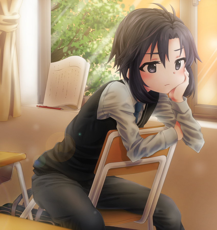 1girl, :t, antenna_hair, ayumi_(as0206), bag, black_eyes, black_hair, blue_necktie, desk, hand_on_own_cheek, highres, idolmaster, kikuchi_makoto, mechanical_pencil, necktie, pencil, school_bag, school_chair, school_desk, script, short_hair, sitting, solo