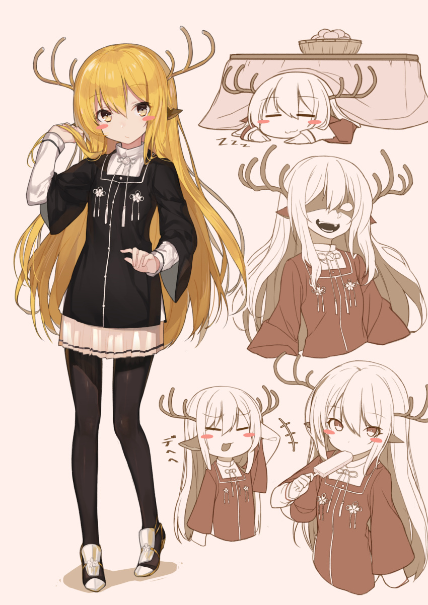 1girl, :3, =_=, animal_ears, antlers, arm_up, bangs, black_legwear