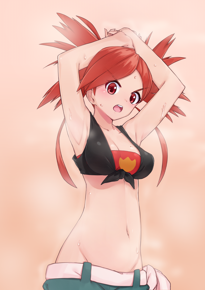 >:o, 1girl, :o, armpits, arms_up, asuna_(pokemon), blush, breasts