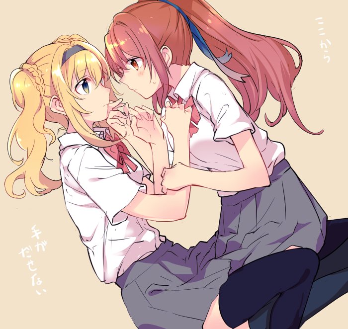 2girls, alternate_costume, beatrix_(granblue_fantasy), black_legwear, blonde_hair, bow, contemporary, eye_contact