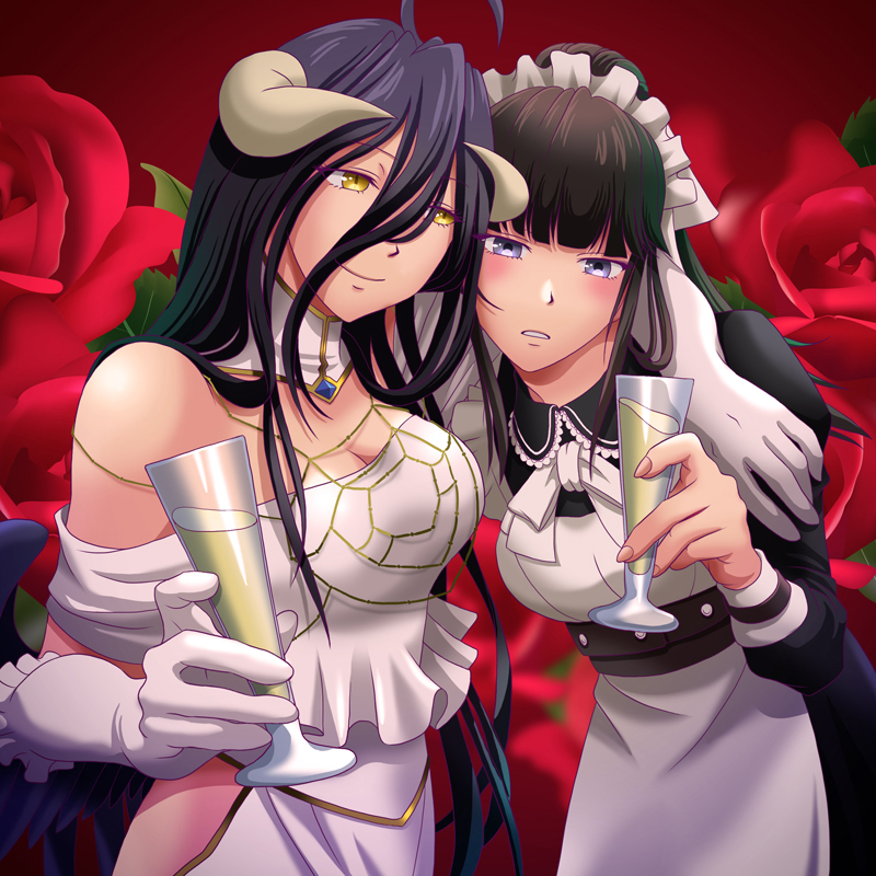 2girls, ahoge, albedo, alcohol, apron, arm_around_shoulder, bangs, bare_shoulders
