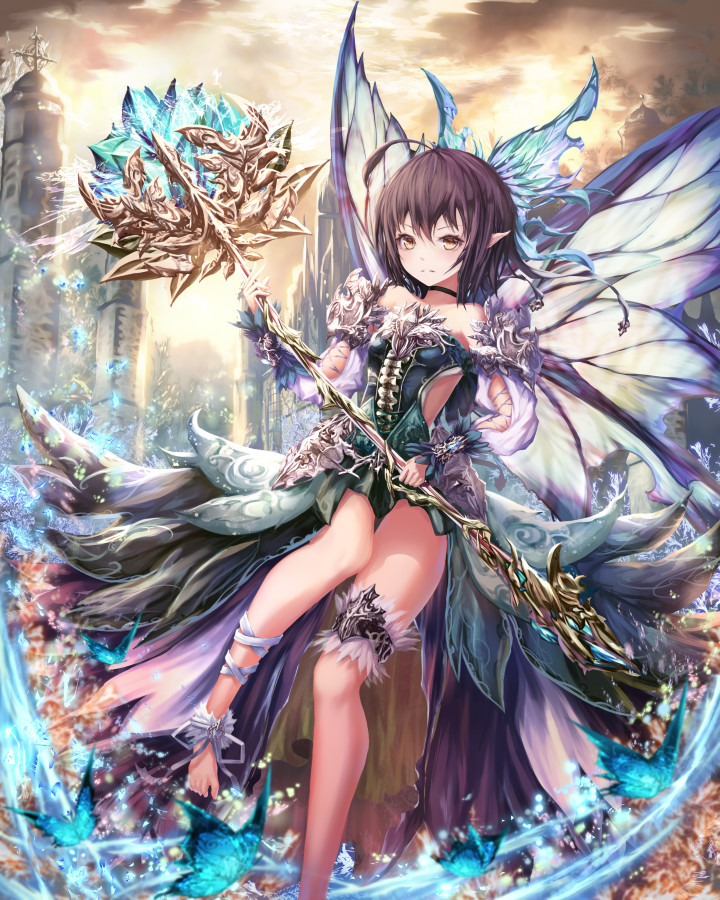 1girl, ahoge, anklet, barefoot, black_choker, brown_eyes, brown_hair, brown_sky, clouds, dress, fairy_wings, h2o_(dfo), holding, holding_staff, jewelry, looking_at_viewer, original, outdoors, pointy_ears, side_cutout, solo, staff, standing, standing_on_one_leg, tower, wings