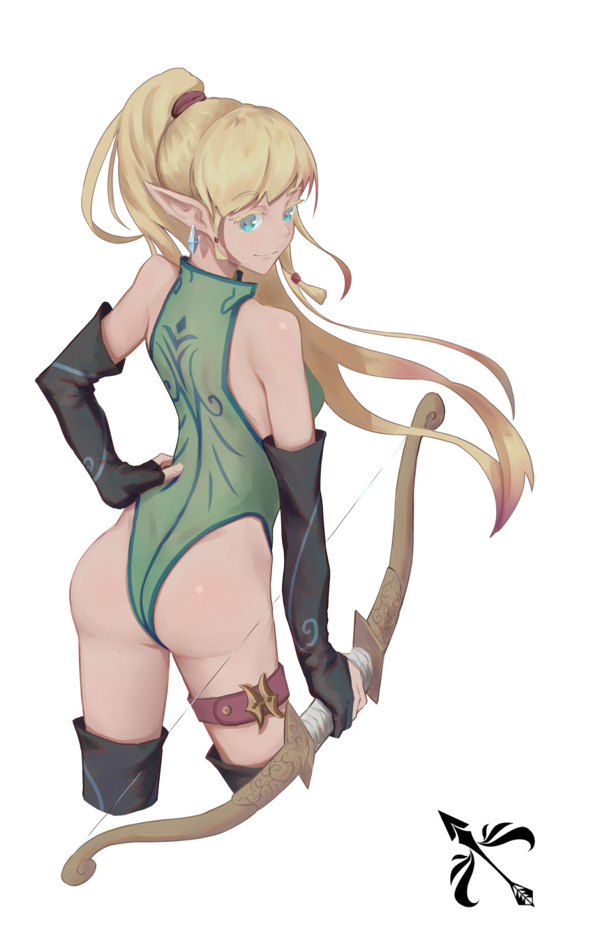 1girl, absurdres, archer_(dragon_nest), arm_at_side, ass, black_gloves, blonde_hair, blue_eyes, bow_(weapon), breasts, closed_mouth, cropped_legs, dragon_nest, elf, eyebrows_visible_through_hair, from_behind, gloves, green_leotard, hand_on_hip, high_ponytail, highres, leotard, light_smile, long_hair, long_pointy_ears, medium_breasts, partly_fingerless_gloves, pointy_ears, solo, thigh-highs, thigh_strap, very_long_hair, weapon, white_background, yashi_kano_ko