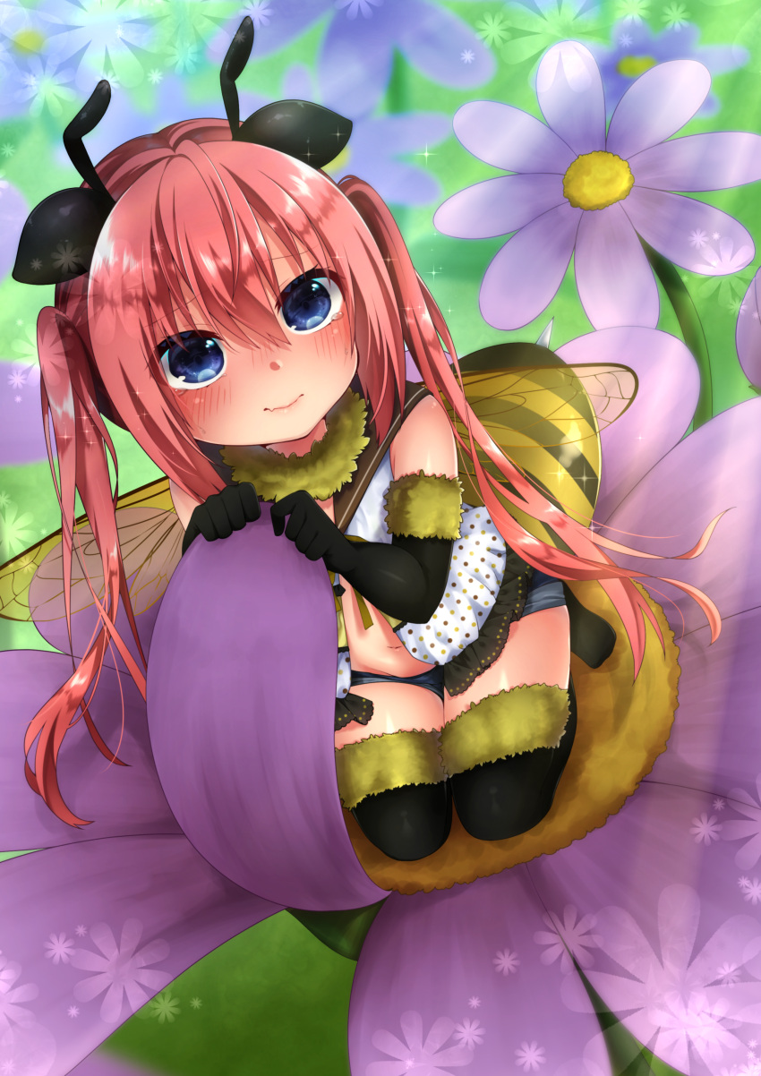 1girl, absurdres, antennae, bee_girl, black_gloves, black_legwear, blouse, blue_eyes