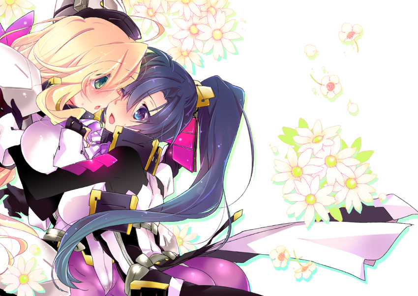 2girls, blonde_hair, blue_eyes, bodysuit, breasts, couple, flower, fukushima_masanori, gloves, green_eyes, hat, hug, katou_kiyomasa, kyoukaisenjou_no_horizon, long_hair, mei_(abliss), multiple_girls, nib_pen_(medium), ponytail, traditional_media, yuri