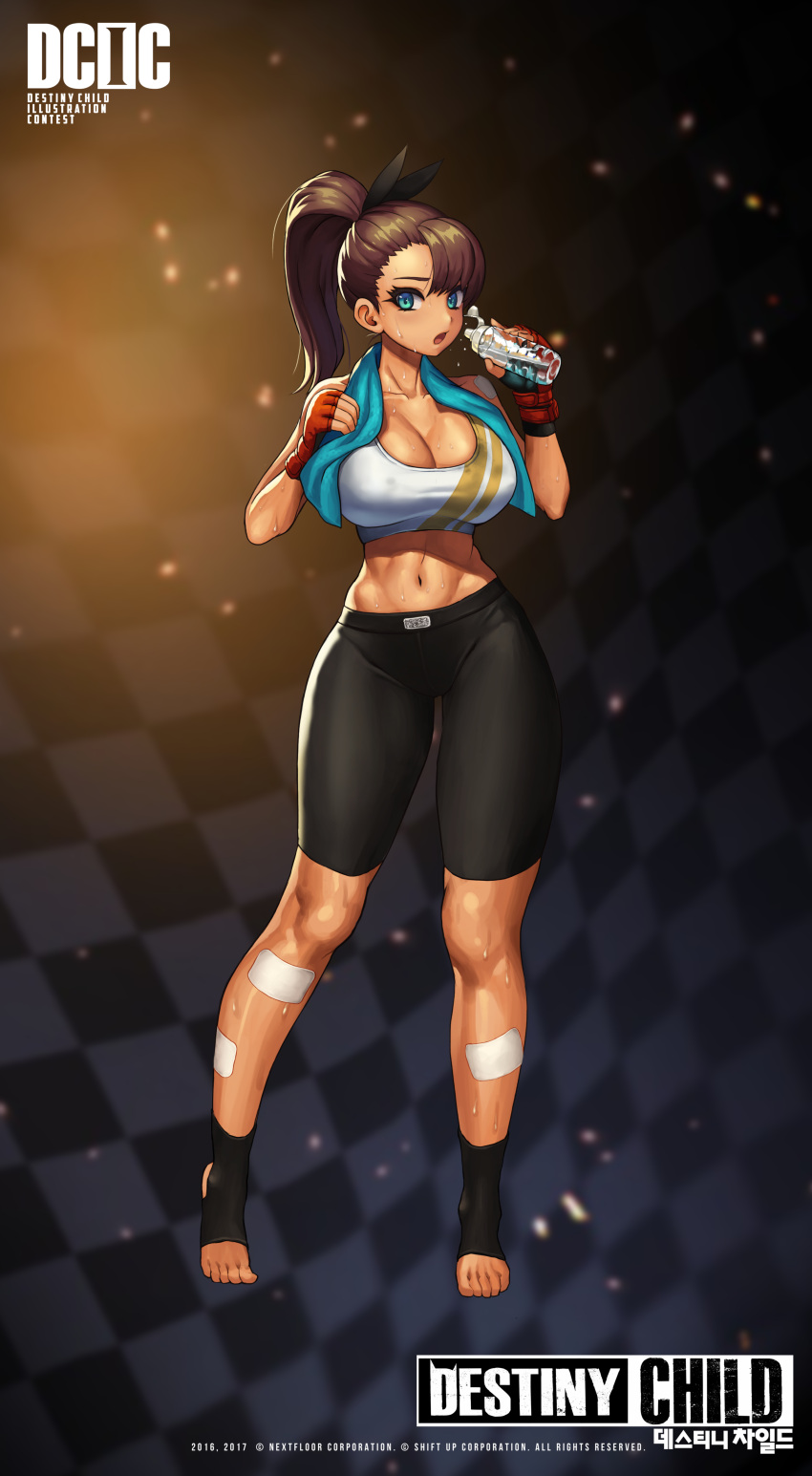 1girl, absurdres, artist_request, asymmetrical_bangs, bangs, bike_shorts, black_legwear, blue_eyes, bottle, breasts, brown_hair, cleavage, copyright_name, dark_skin, destiny_child, fingerless_gloves, full_body, gloves, high_ponytail, highres, large_breasts, long_hair, looking_at_viewer, midriff, navel, open_mouth, original, ponytail, red_gloves, socks, solo, sports_bra, standing, stirrup_socks, sweat, sweating, toeless_legwear, towel, towel_around_neck, water_bottle