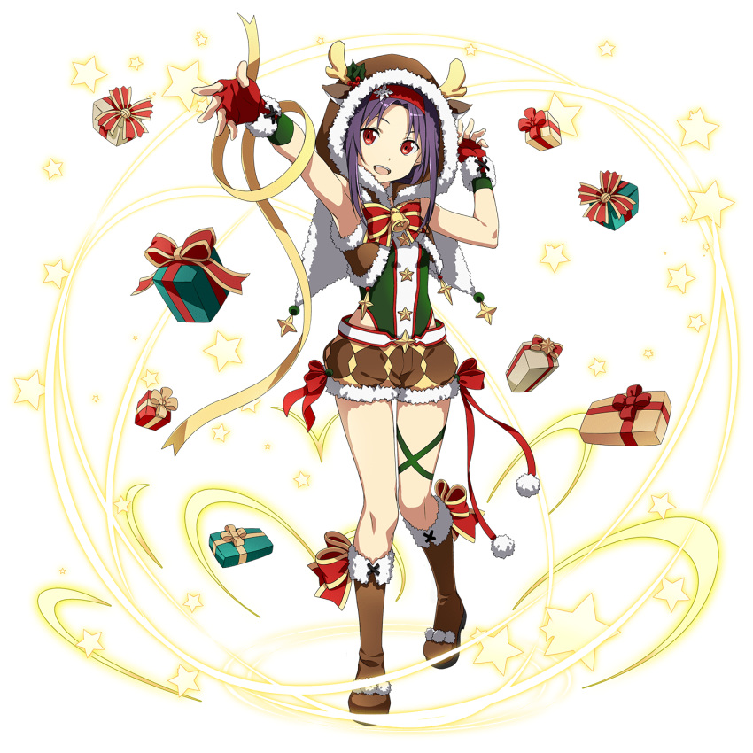 1girl, animal_costume, animal_ears, antlers, arms_up, bell, boots, box