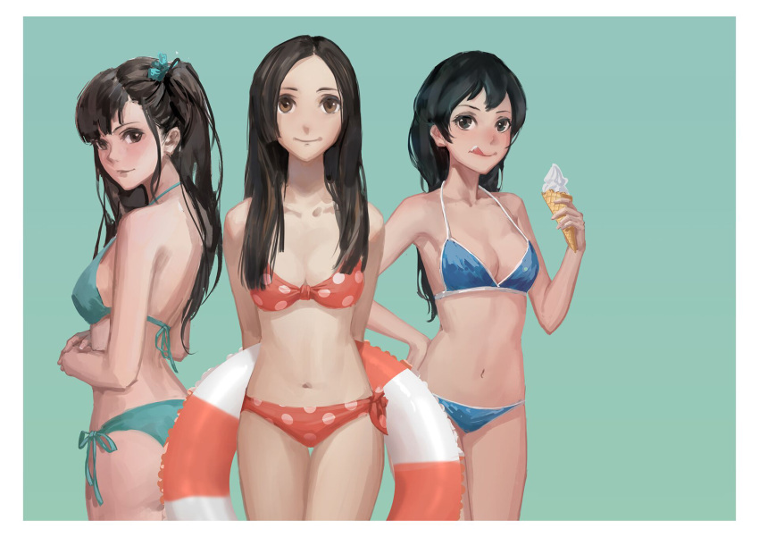 3girls, aqua_background, artist_check, bikini, black_hair, breasts, brown_eyes, brown_hair, food, futoshi_(tekidai), hand_on_hip, highres, ice_cream, innertube, licking_lips, long_hair, looking_at_viewer, medium_breasts, multiple_girls, navel, original, polka_dot, polka_dot_bikini, sketch, small_breasts, smile, standing, swimsuit, tongue, tongue_out, two_side_up