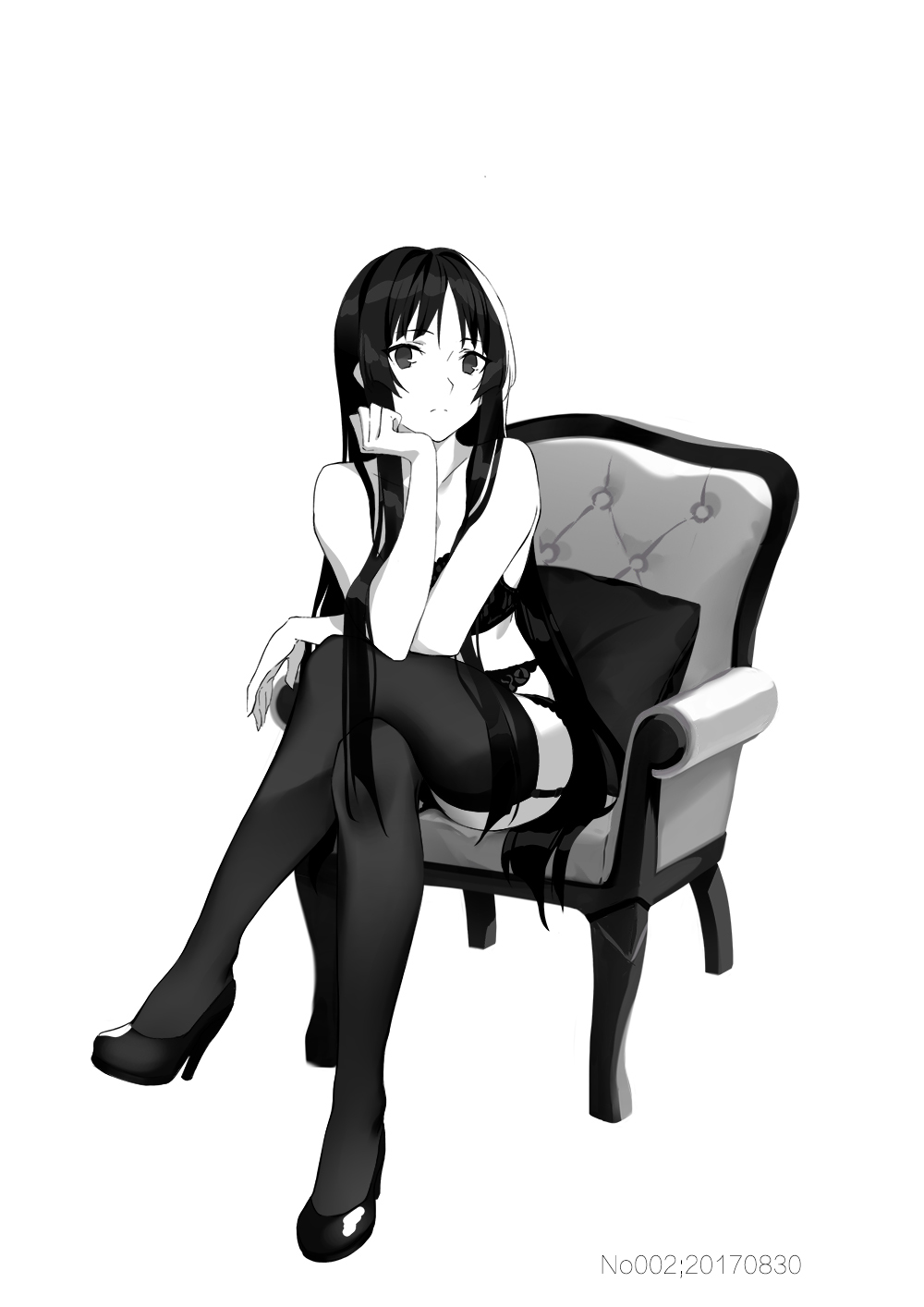1girl, akiyama_mio, bra, chair, chin_rest, dated, garter_straps, greyscale