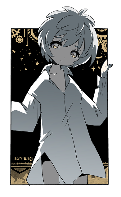 1boy, bottomless, dated, gears, head_tilt, kinako_(462), looking_at_viewer, male_focus