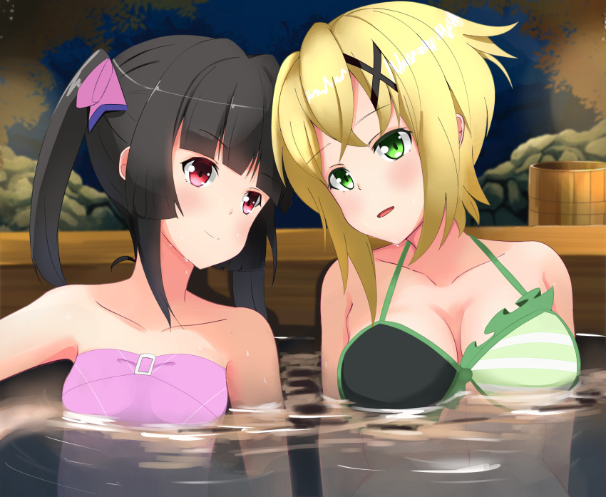 2girls, akatsuki_kirika, bare_shoulders, bikini, black_hair, blonde_hair, blush, breasts