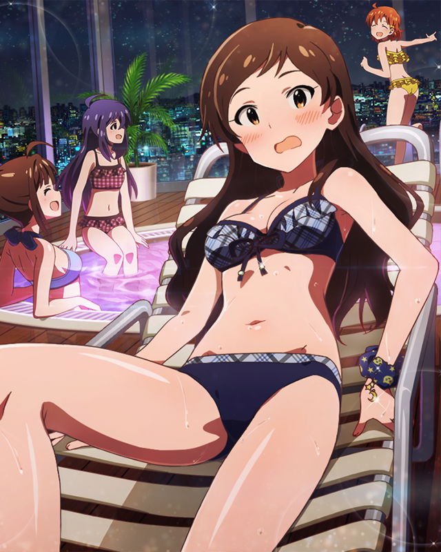 4girls, :d, ^_^, beamed_quavers, bikini, blue_hair, blush, brown_hair, chair, closed_eyes, idolmaster, idolmaster_million_live!, indoors, kitazawa_shiho, long_hair, looking_at_viewer, lounge_chair, mochizuki_anna, multiple_girls, musical_note, navel, official_art, open_mouth, pool, print_scrunchie, scrunchie, short_hair, sitting, smile, soaking_feet, star, star_print, swimsuit, wavy_mouth, wrist_scrunchie, yabuki_kana, yokoyama_nao