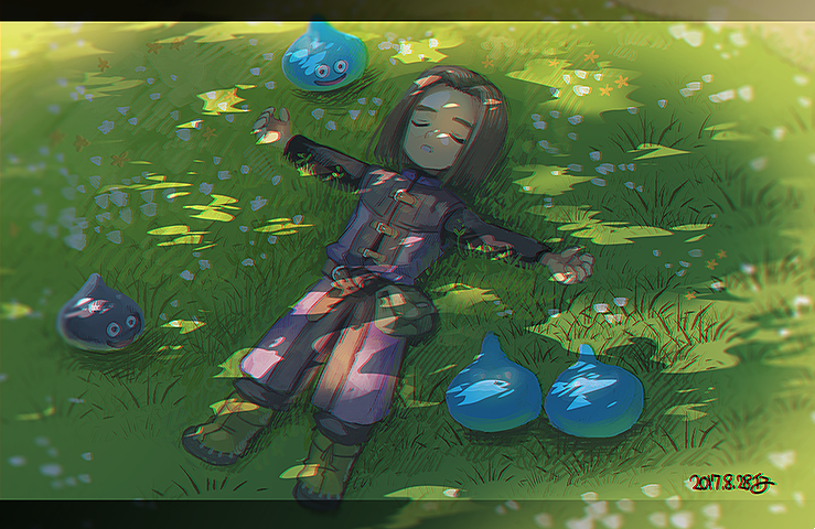 1boy, bangs, boots, brown_hair, closed_eyes, dated, dragon_quest, dragon_quest_xi, hero_(dq11), kinako_(462), lying, male_focus, metal_slime, on_back, parted_bangs, parted_lips, short_hair, sleeping, slime_(dragon_quest), solo, tree_shade