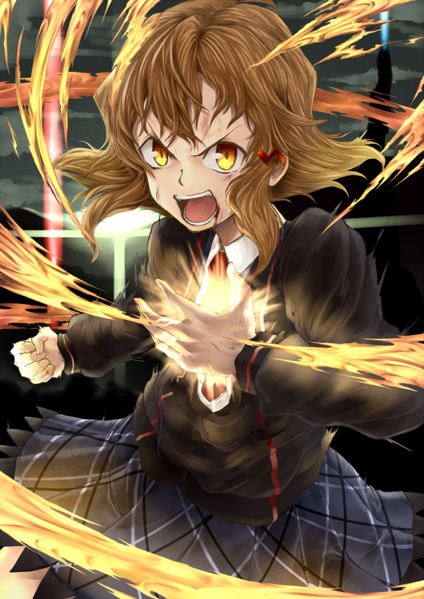 1girl, blood, blood_on_face, brown_eyes, brown_hair, clenched_hand, cowboy_shot, hair_ornament