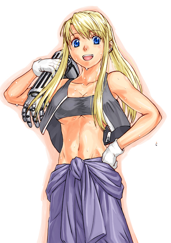 blonde_hair, blue_eyes, dripping, earrings, fullmetal_alchemist, gloves, jewelry, lithiumia, mechanic, midriff, muscle, open_mouth, ponytail, solo, sweat, sweating, tomboy, tubetop, winry_rockbell