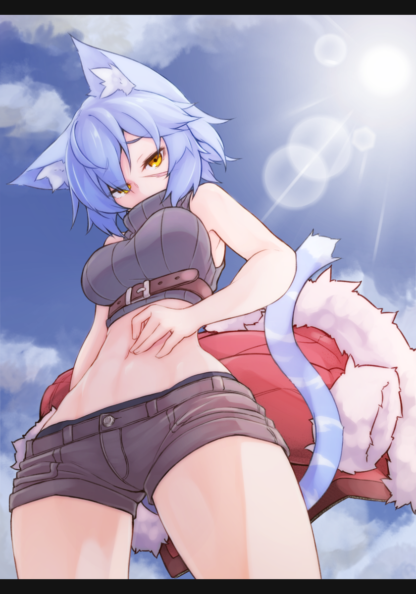 1girl, animal_ears, blue_hair, blush, breasts, cat_ears, cat_tail, fur_trim