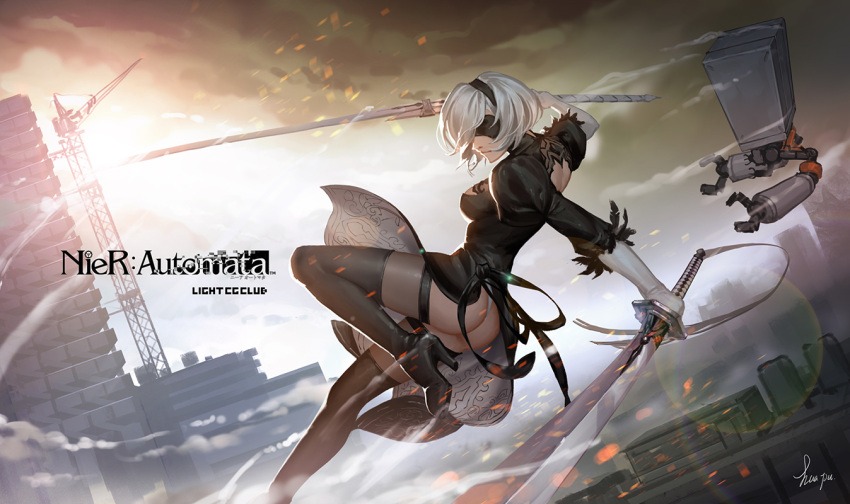 1girl, ass, black_boots, black_legwear, blindfold, boots, cityscape, copyright_name, crane, dual_wielding, dutch_angle, futoshi_(tekidai), hairband, high_heel_boots, high_heels, holding, holding_sword, holding_weapon, nier_(series), nier_automata, robot, short_hair, signature, solo, sword, thigh-highs, weapon, white_hair, yorha_no._2_type_b